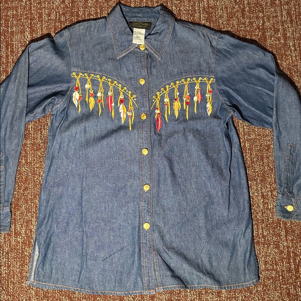 Bob Mackie Studios Embroidered denim button down western feather denim shirt